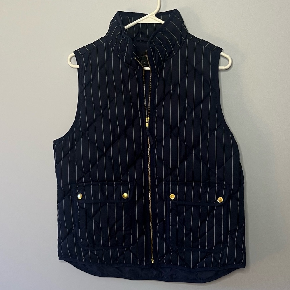 J. Crew navy pinstripe down puffer vest with gold embellishments